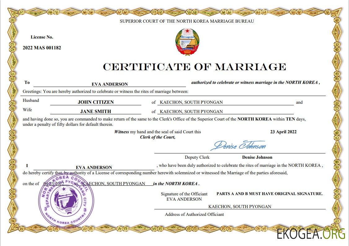 Modèle Word et PDF de certificat de mariage en Corée du Nord